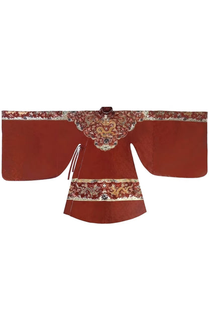 Hanfu veste longue rouge impérial brocart doré de Ming avec sous-vêtement ivoire - HanWen Shop