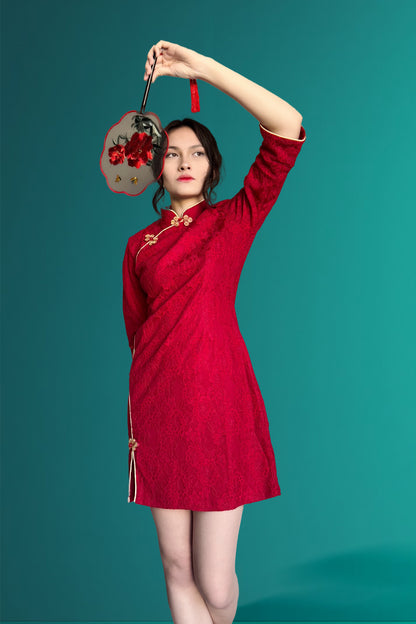 Qipao du style République de Chine 民国 - en dentelle rouge - HanWen Shop