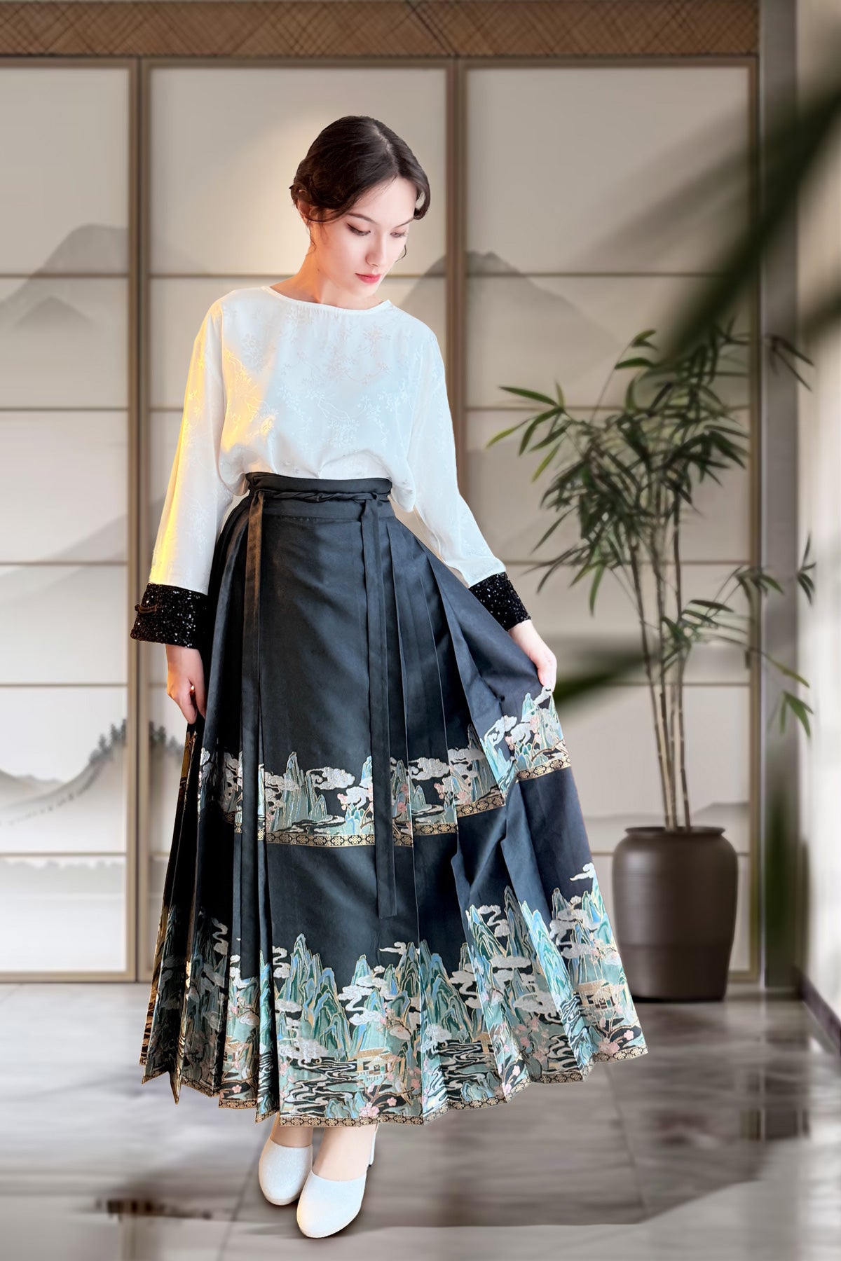 Jupe Hanfu "MaMian Qun" de la dynastie Ming 明 - Paysage des Mille Lieux - HanWen Shop