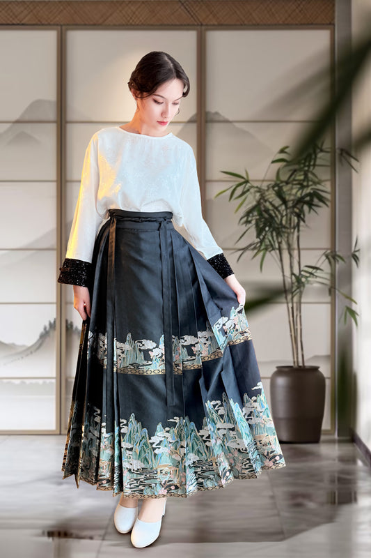Jupe Hanfu "MaMian Qun" de la dynastie Ming 明 - Paysage des Mille Lieux - HanWen Shop