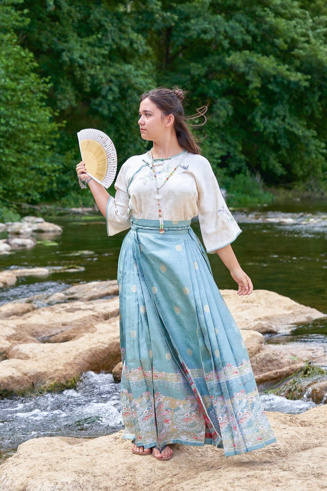 Jupe Hanfu "MaMian Qun" de la dynastie Ming 明 - Phénix vert - HanWen Shop
