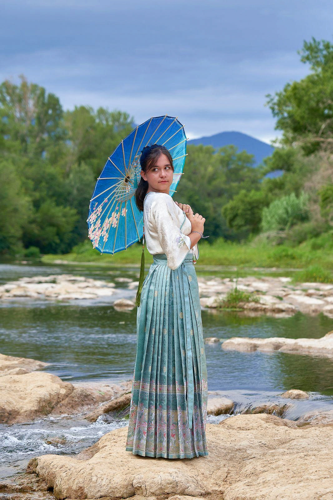 Jupe Hanfu "MaMian Qun" de la dynastie Ming 明 - Phénix vert - HanWen Shop