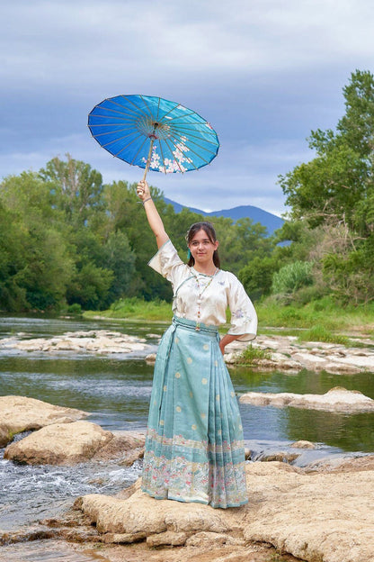 Ombrelle Chinoise en papier à l'huile - Sakura bleu - HanWen Shop