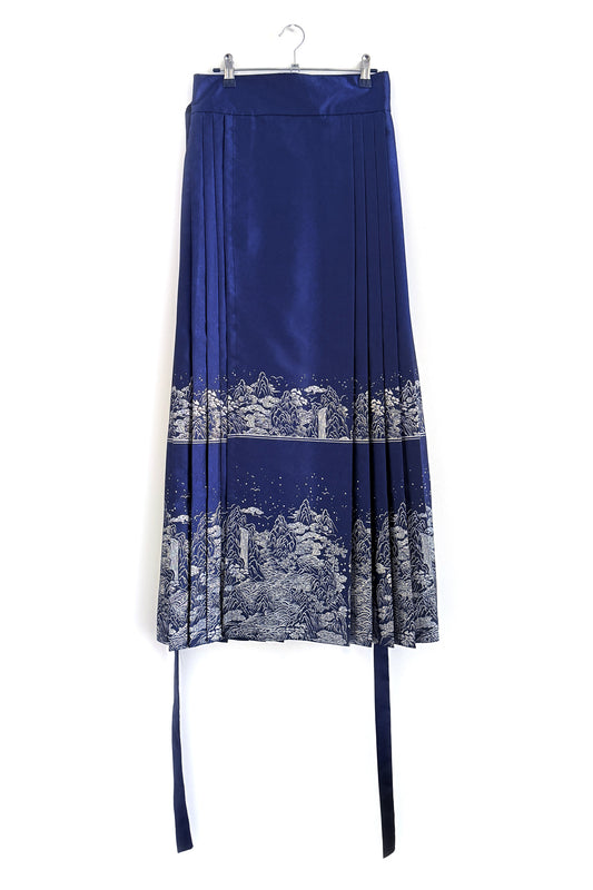 Mamian Qun du Hanfu de la dynastie Ming - Jupe "Nacre & Or" Bleu Nuit - HanWen Shop