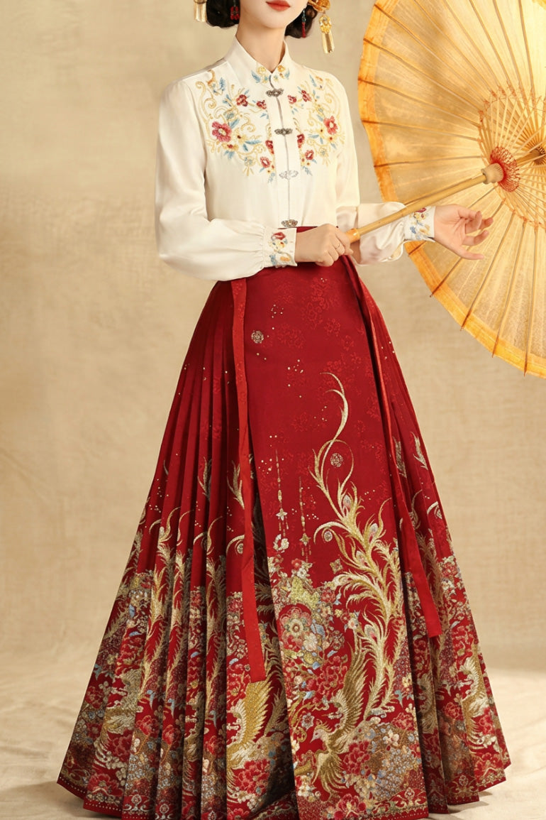 Mamian Qun du Hanfu de la dynastie Ming - Jupe "Noces du Phénix Rouge" - HanWen Shop