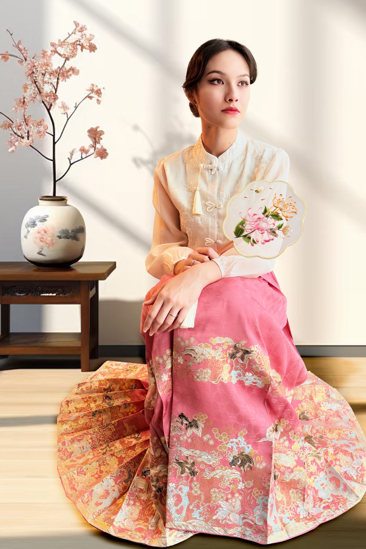 Mamian Qun du Hanfu de la dynastie Ming - Jupe brocart doré poissons rouge - HanWen Shop