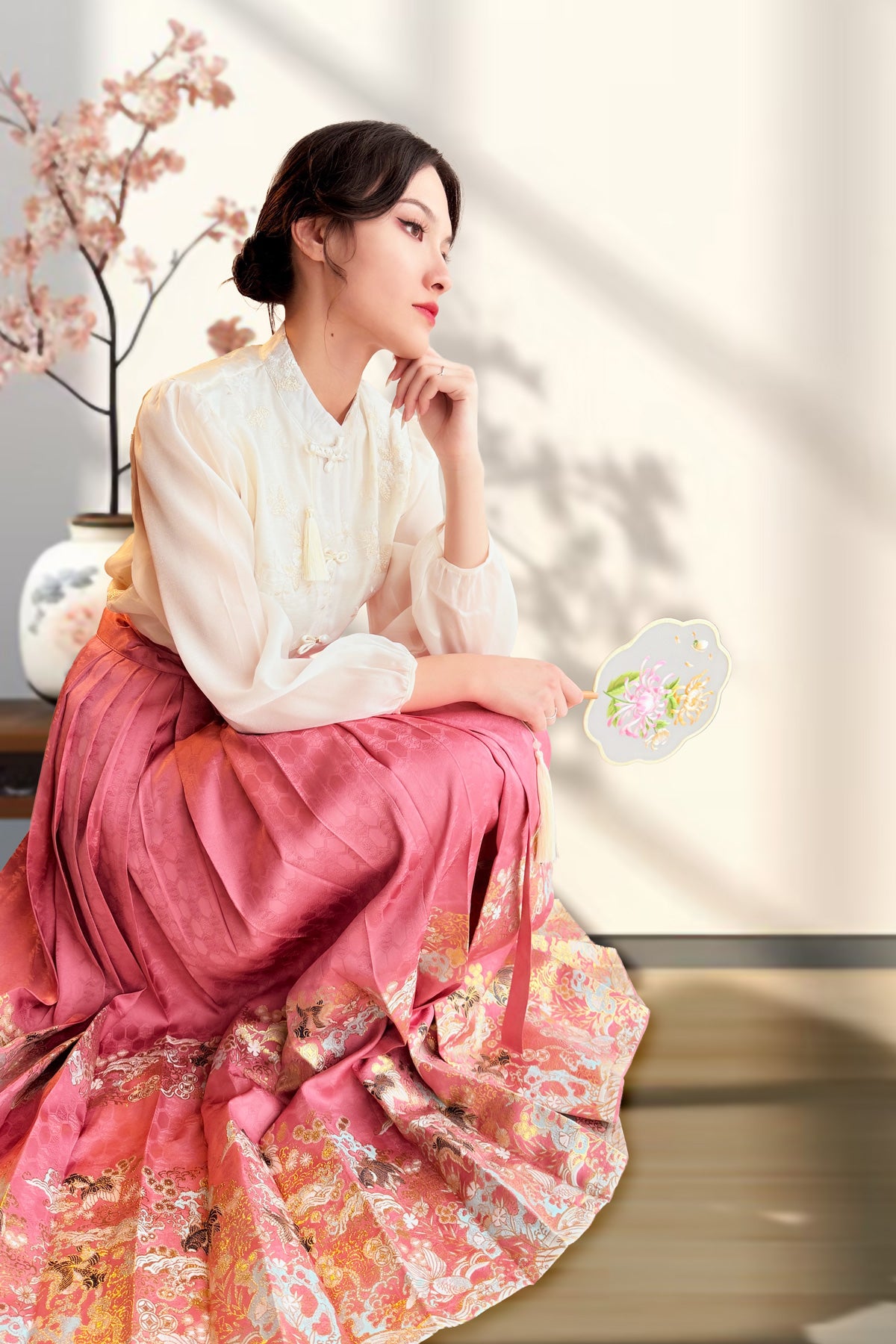 Mamian Qun du Hanfu de la dynastie Ming - Jupe brocart doré poissons rouge - HanWen Shop