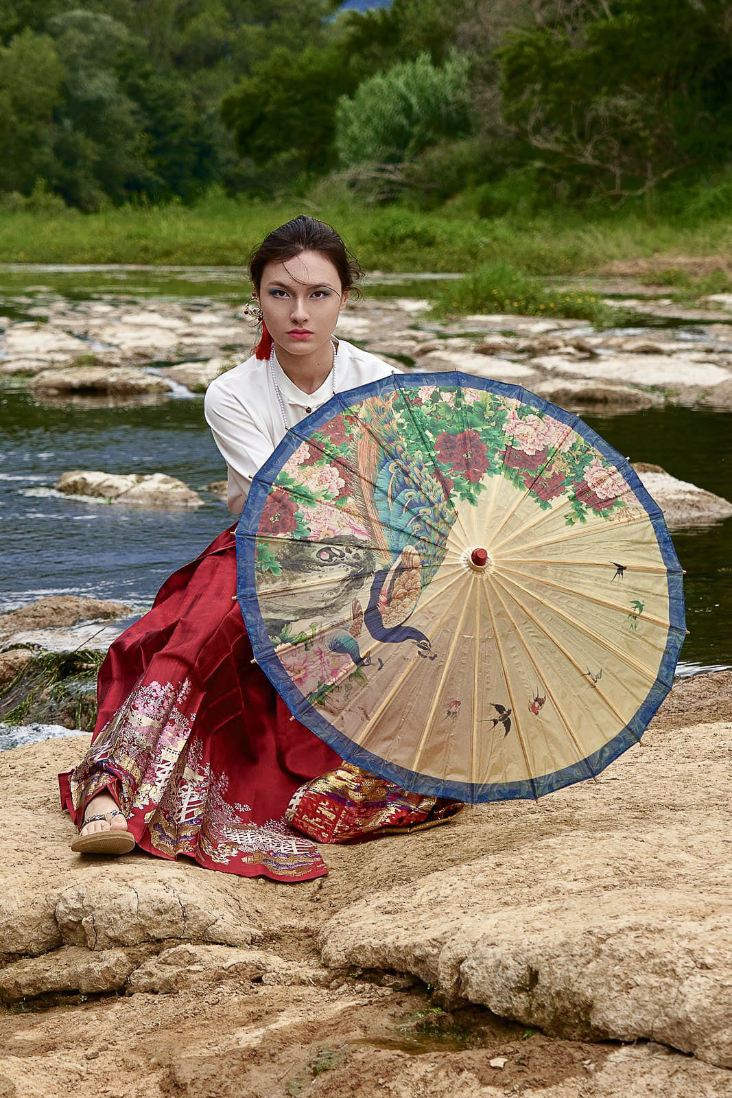 Ombrelle Chinoise en papier à l'huile - Pivoine et Paon - HanWen Shop