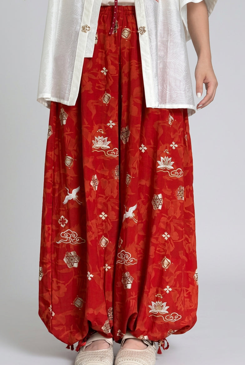 Pantalon sarouel style lanternes en coton-rayonne – Avec bas resserrables par cordon - HanWen Shop