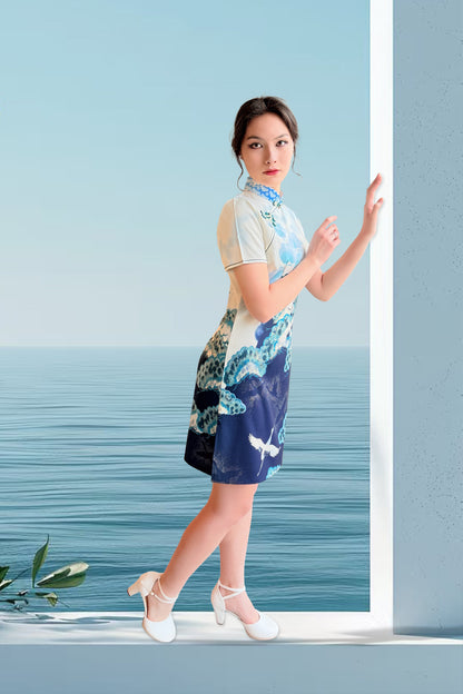 Qipao du hanfu moderne 汉元素 - Grue parmi les nuages - HanWen Shop