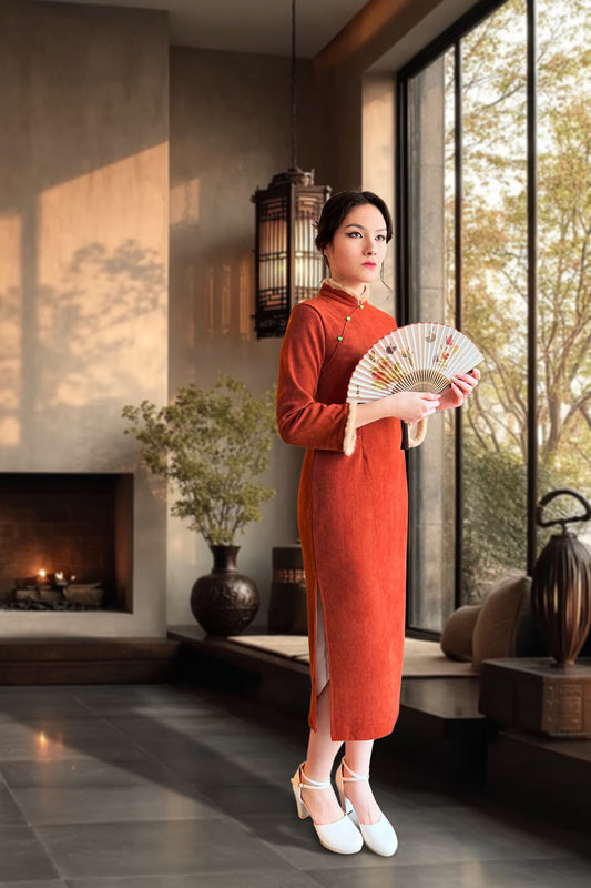 Qipao du hanfu moderne 汉元素 - Orange kaki - HanWen Shop