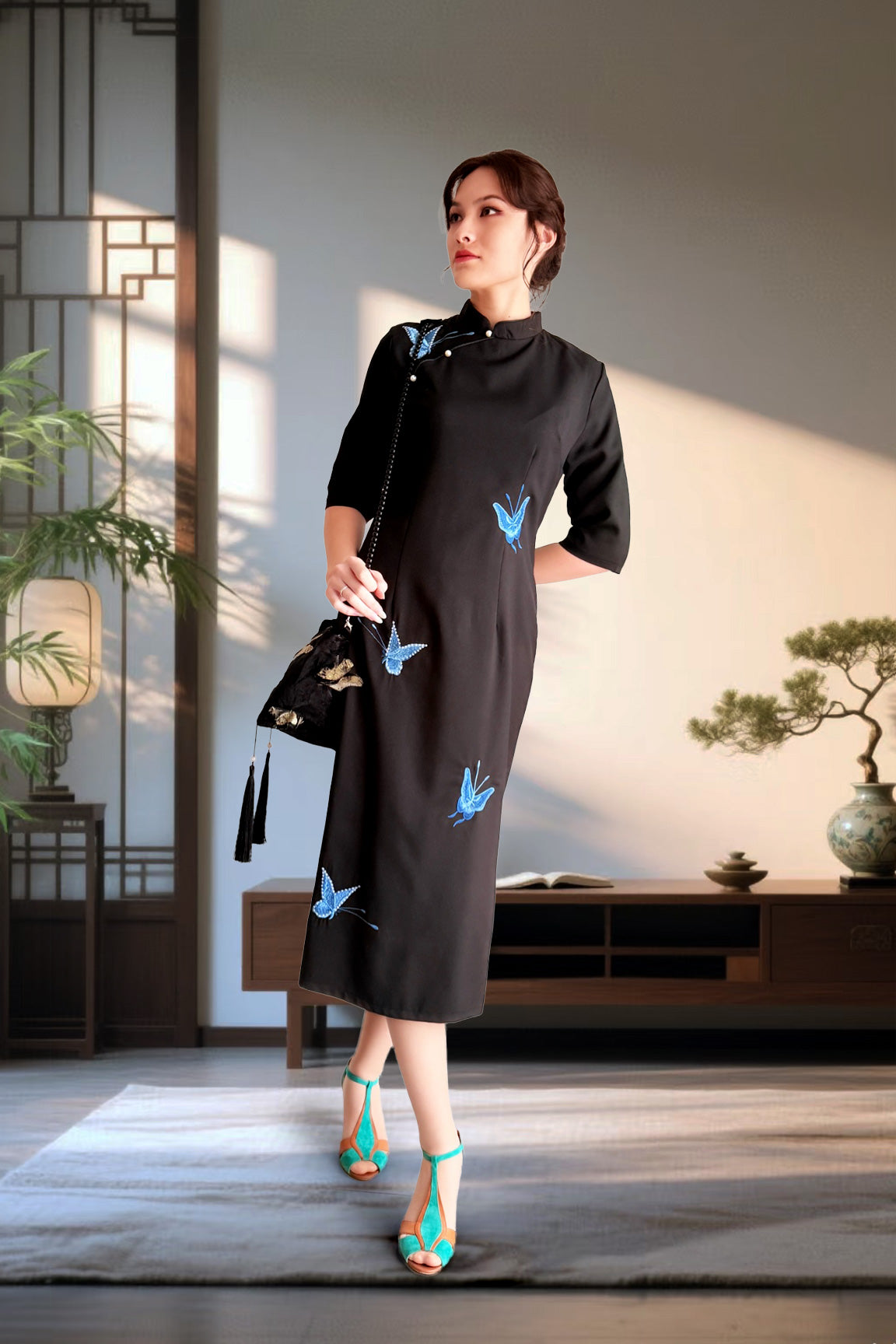 Qipao du hanfu moderne 汉元素 - brodée papillons bleus - HanWen Shop