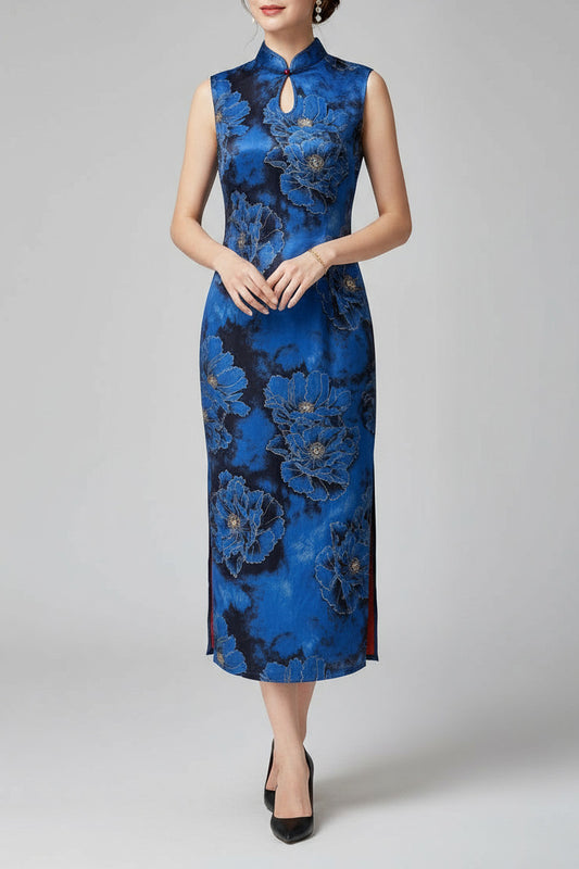 Qipao du hanfu moderne 汉元素 -  bleu sans manches - HanWen Shop