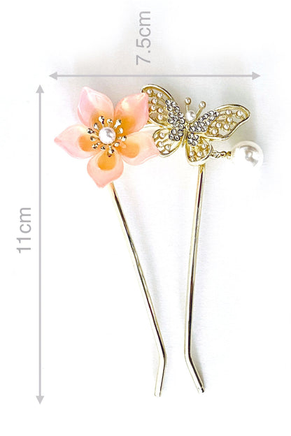 Épingle à cheveux chinoise en forme de U avec fleur d'amandier, papillon et pendentif en perle blanche - HanWen Shop