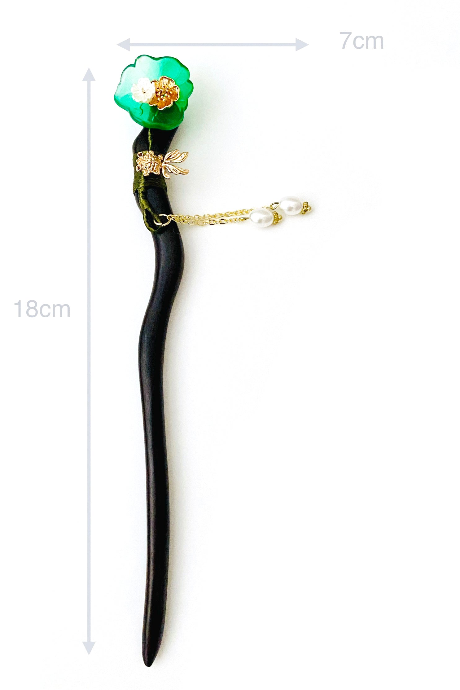 Épingle à cheveux en bois de style chinois rétro avec fleurs lotus, poisson rouge et pendentif des perles blanches - HanWen Shop