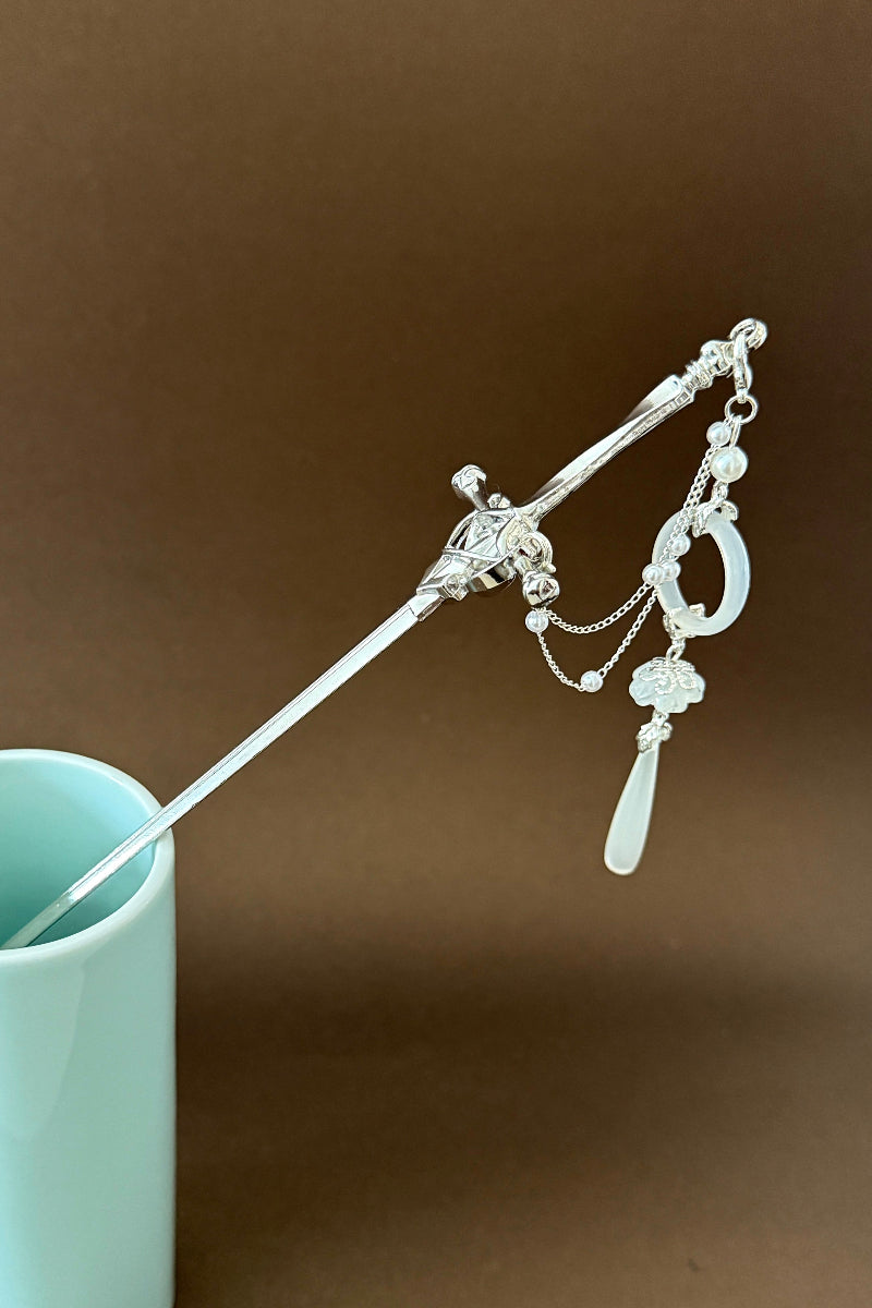 Épingle à cheveux en forme d'épée argentée de l'atelier de HanWen - Rosée du matin