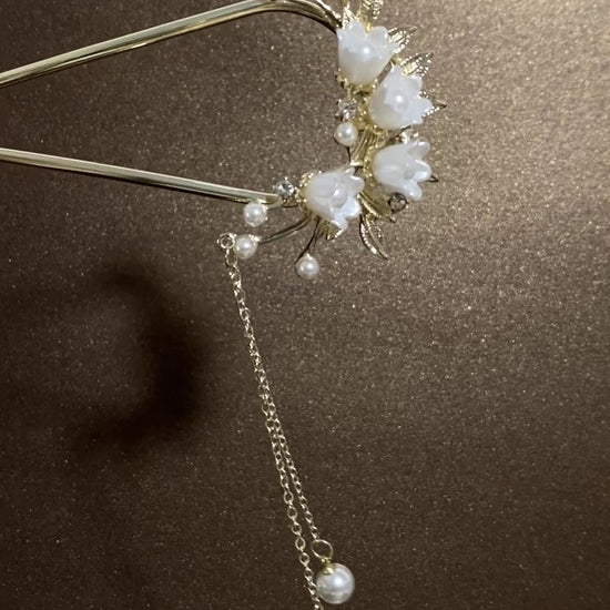 Épingle à cheveux chinoise en forme de U avec fleurs de cloche et pendentif de perles blanches