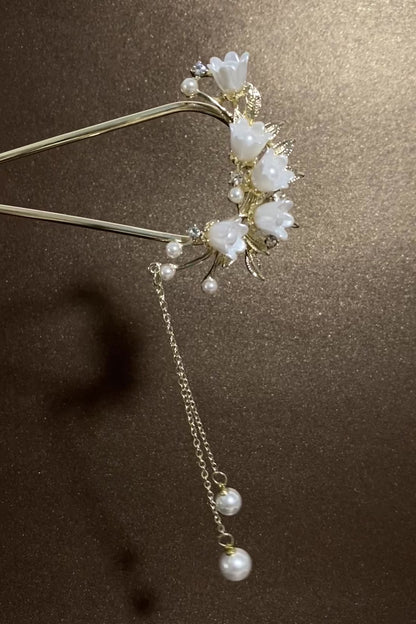 Épingle à cheveux chinoise en forme de U avec fleurs de cloche et pendentif de perles blanches